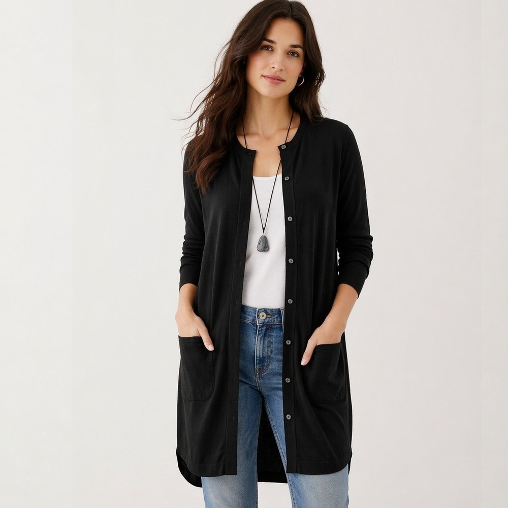 J. Jill Cardigan Women Medium Black Tribeca Wool Longline Sweater Minimalist